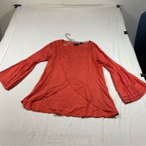 RU Apparel Wrap Tunic Top Coral long sleeve Top Bell sleeves Blouse medium size